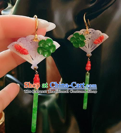 Chinese National Jadeite Fan Earrings Traditional Jewelry Handmade Ear Accessories