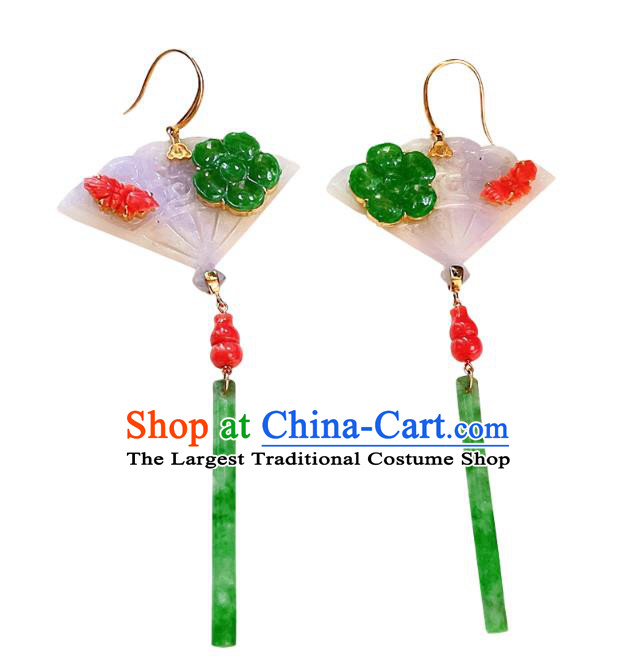 Chinese National Jadeite Fan Earrings Traditional Jewelry Handmade Ear Accessories