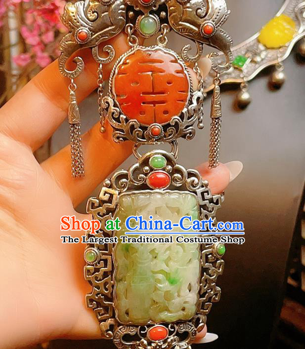 China Traditional Silver Tassel Necklace Accessories Handmade Wedding Jade Necklet Pendant