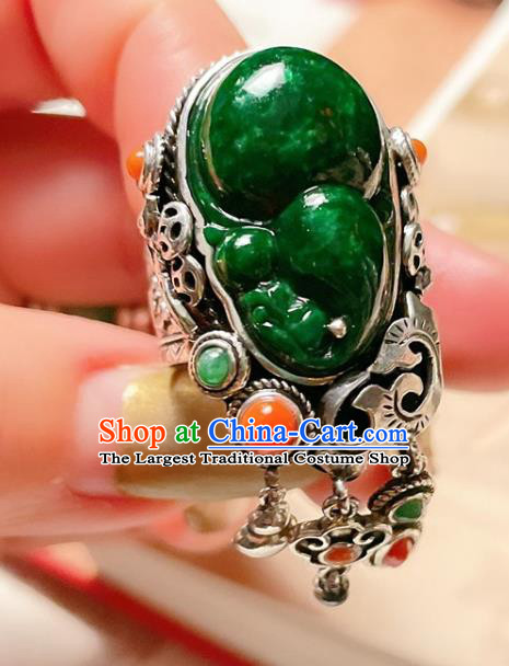 Top Chinese National Wedding Silver Ring Jewelry Traditional Handmade Accessories Green Jadeite Circlet