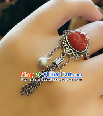 Top Chinese National Silver Tassel Ring Jewelry Traditional Handmade Accessories Wedding Red Jade Lotus Circlet