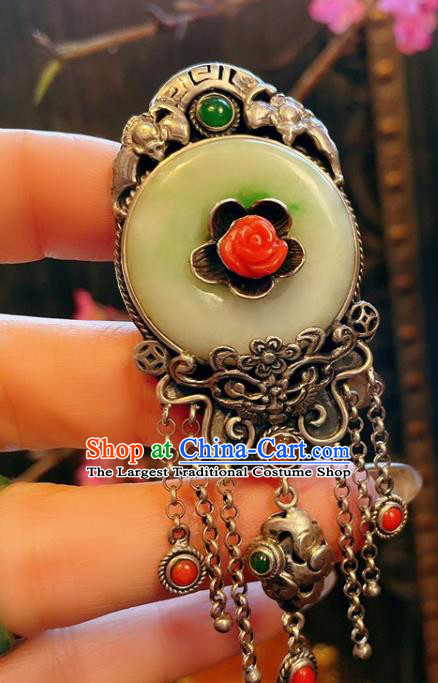 Top Chinese National Jade Ring Jewelry Traditional Handmade Accessories Wedding Silver Carving Bat Circlet