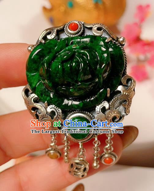 Top Chinese National Silver Carving Ring Jewelry Traditional Handmade Accessories Jadeite Rose Circlet
