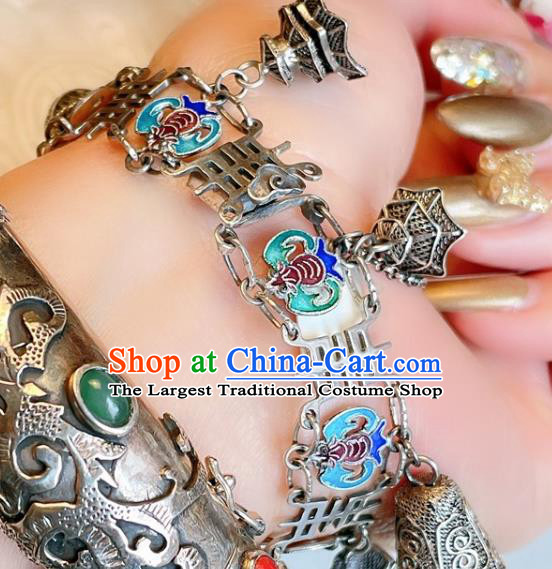 Handmade Chinese Cloisonne Fish Bat Bracelet Accessories Traditional Culture Jewelry Silver Bangle