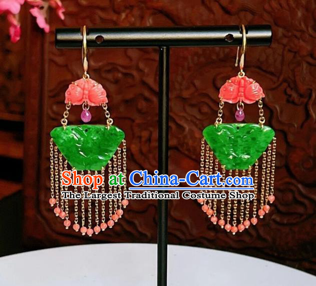 Chinese National Red Beads Tassel Earrings Traditional Jewelry Handmade Wedding Jadeite Butterfly Ear Accessories