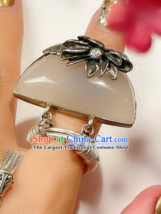 Top Chinese National Silver Lotus Ring Jewelry Traditional Handmade Accessories Hetian Jade Circlet