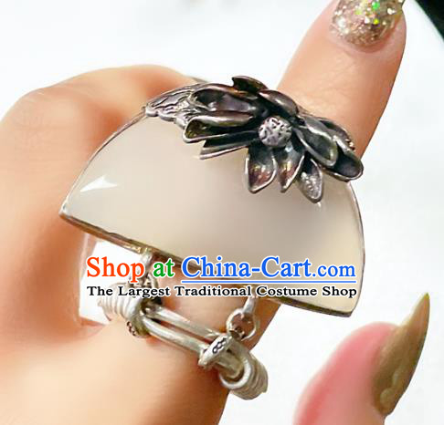 Top Chinese National Silver Lotus Ring Jewelry Traditional Handmade Accessories Hetian Jade Circlet