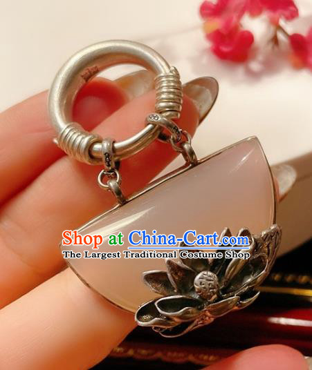 Top Chinese National Silver Lotus Ring Jewelry Traditional Handmade Accessories Hetian Jade Circlet