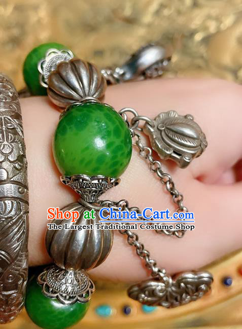Handmade Chinese Jadeite Beads Bracelet Accessories Traditional Culture Jewelry Silver Carving Bangle