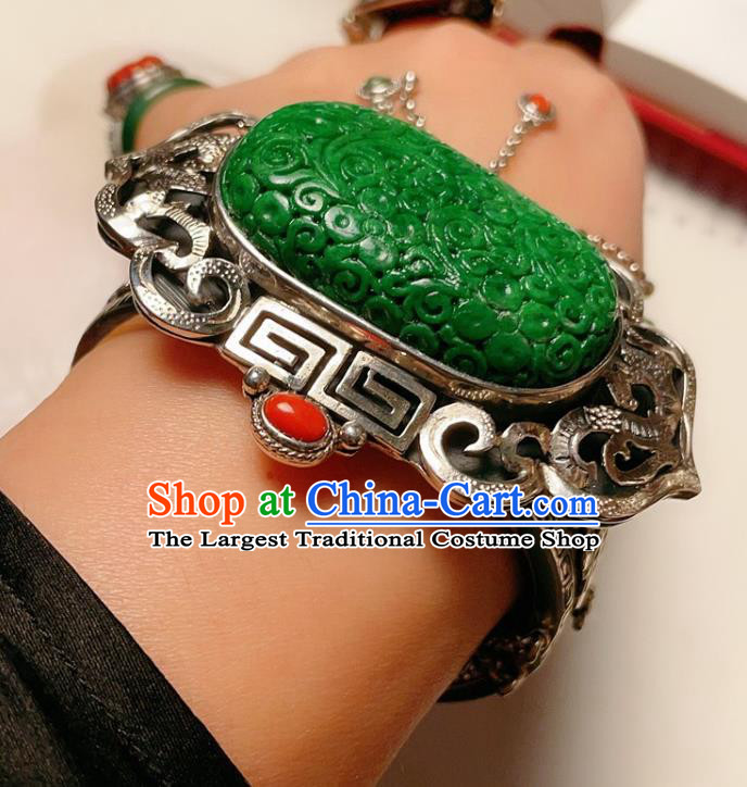 Handmade Chinese National Silver Bracelet Accessories Traditional Culture Jewelry Jadeite Carving Bangle