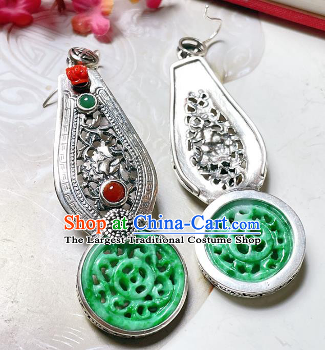 Chinese National Silver Earrings Traditional Jewelry Handmade Wedding Jadeite Ear Accessories
