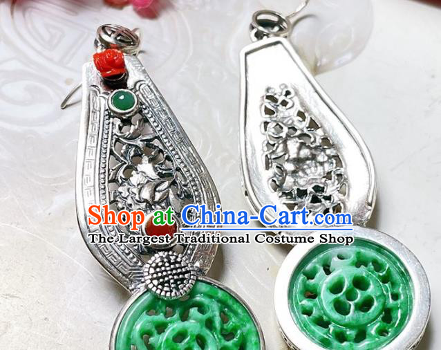 Chinese National Silver Earrings Traditional Jewelry Handmade Wedding Jadeite Ear Accessories