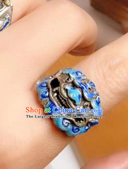 Chinese National Blueing Silver Ring Jewelry Traditional Handmade Accessories Retro Carving Lion Circlet