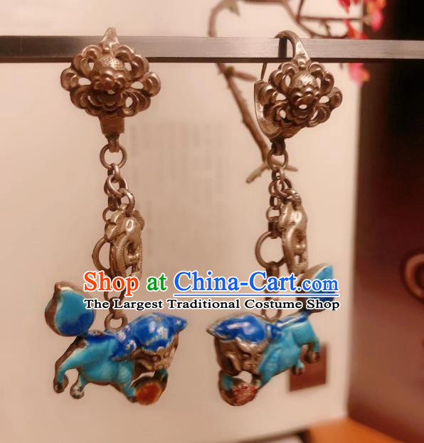 Chinese National Blueing Lion Earrings Traditional Jewelry Handmade Silver Ear Accessories