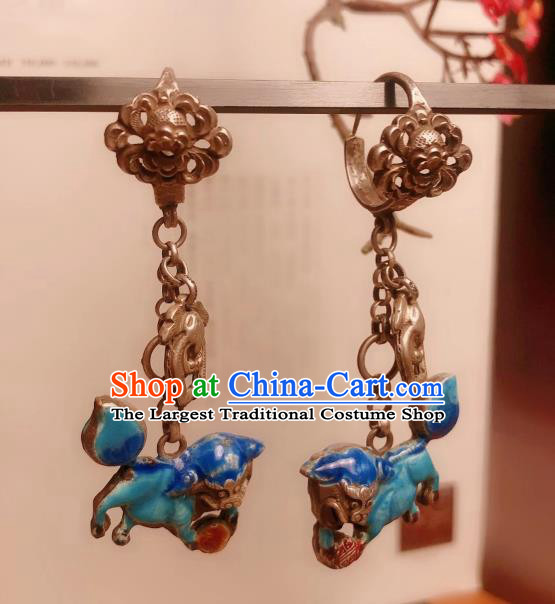 Chinese National Blueing Lion Earrings Traditional Jewelry Handmade Silver Ear Accessories