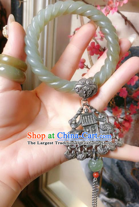 Handmade Chinese Hetian Jade Bracelet Accessories Traditional Culture Jewelry National Silver Pendant Bangle