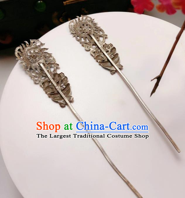 China Classical Blueing Potting Hairpin Traditional Hair Accessories Handmade Qing Dynasty Silver Hair Stick