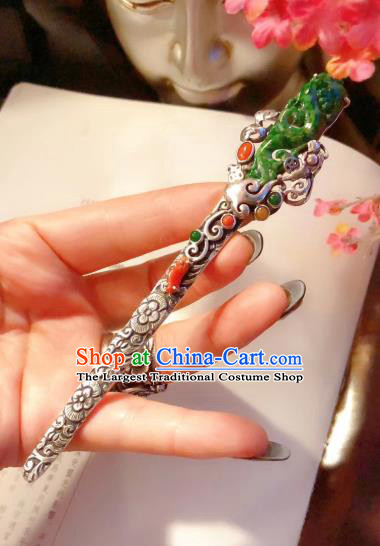 China Traditional Jadeite Hair Accessories Handmade Qing Dynasty Silver Hair Stick Classical Gems Hairpin