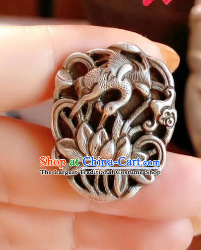 Chinese National Carving Crane Lotus Ring Jewelry Traditional Handmade Accessories Silver Circlet