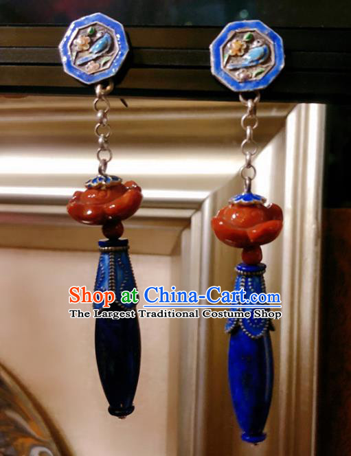 Chinese National Blueing Earrings Traditional Agate Lotus Jewelry Handmade Lapis Ear Accessories