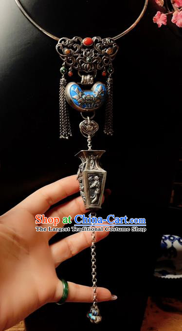 China Traditional Silver Necklace Accessories Handmade Wedding Blueing Longevity Lock Pendant