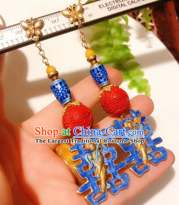 Chinese National Wedding Blueing Earrings Traditional Jewelry Handmade Carved Lacquerware Ear Accessories