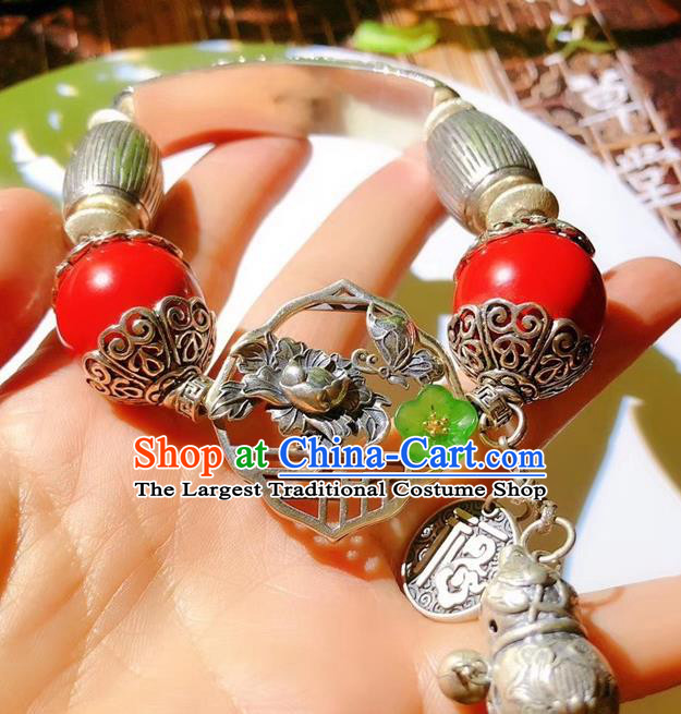 China Traditional Silver Bracelet Handmade National Cinnabar Bangle Accessories