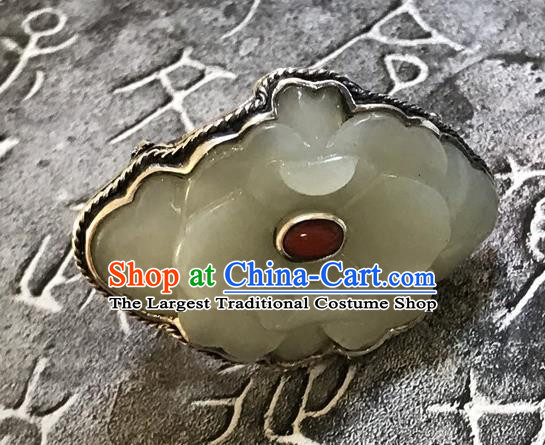 Chinese National Hetian Jade Peony Ring Jewelry Traditional Handmade Silver Circlet Accessories