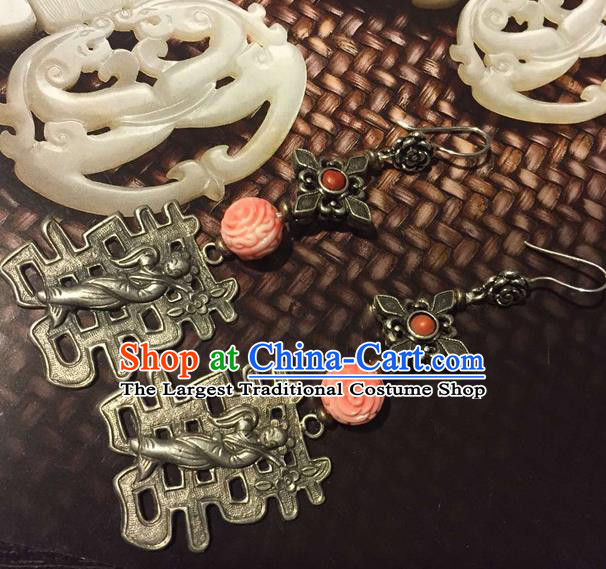 Chinese National Silver Earrings Traditional Jewelry Handmade Wedding Ear Accessories