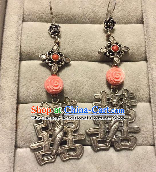 Chinese National Silver Earrings Traditional Jewelry Handmade Wedding Ear Accessories