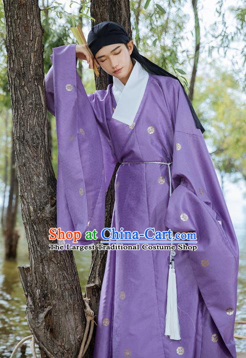 China Ancient Taoist Purple Silk Robe Traditional Ming Dynasty Historical Clothing for Men