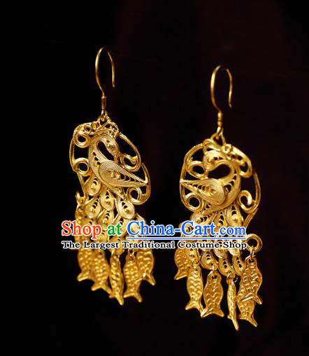 Chinese Ancient Empress Fish Tassel Ear Jewelry Traditional Hanfu Golden Peacock Earrings Accessories