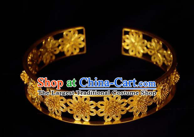 Handmade Chinese Carving Flower Golden Bracelet Accessories Traditional Qing Dynasty Palace Bangle Jewelry