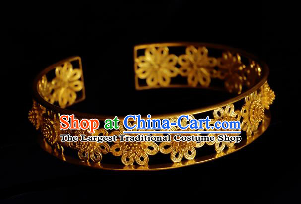 Handmade Chinese Carving Flower Golden Bracelet Accessories Traditional Qing Dynasty Palace Bangle Jewelry