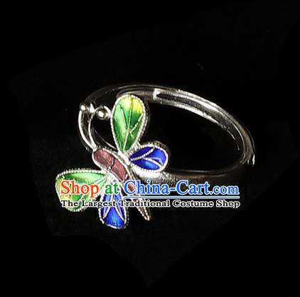 Handmade Chinese Traditional Cloisonne Butterfly Ring Jewelry Silver Circlet Accessories