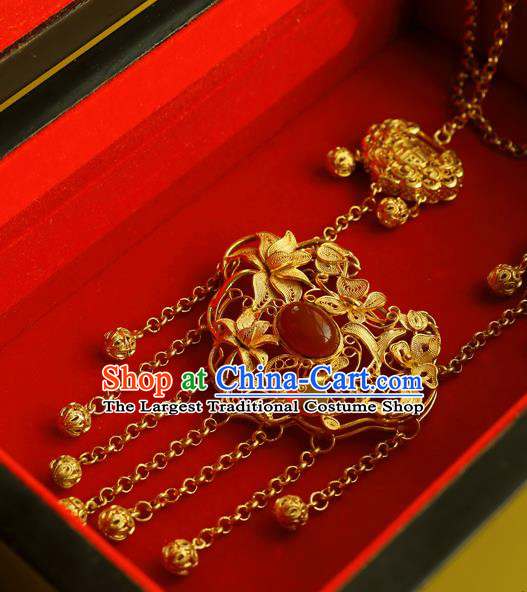 China Traditional Hanfu Agate Necklace Accessories Ancient Princess Golden Lotus Lock Necklet Pendant