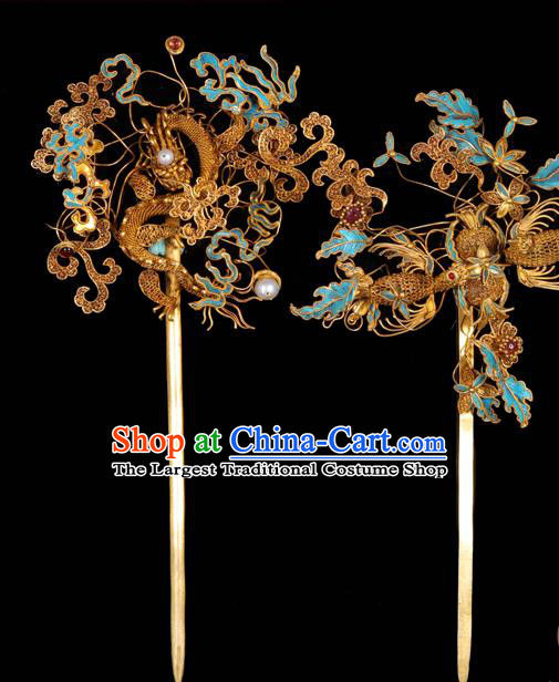 China Ancient Palace Lady Hair Accessories Qing Dynasty Empress Hair Stick Traditional Handmade Filigree Dragon Hairpin