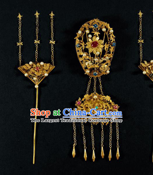 China Handmade Filigree Hairpin Traditional Qing Dynasty Empress Hair Crown Ancient Queen Hair Accessories Full Set