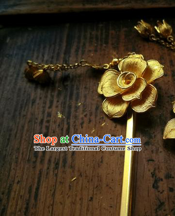 China Traditional Hair Accessories Handmade Golden Tassel Hair Stick Ancient Ming Dynasty Empress Camellia Hairpin