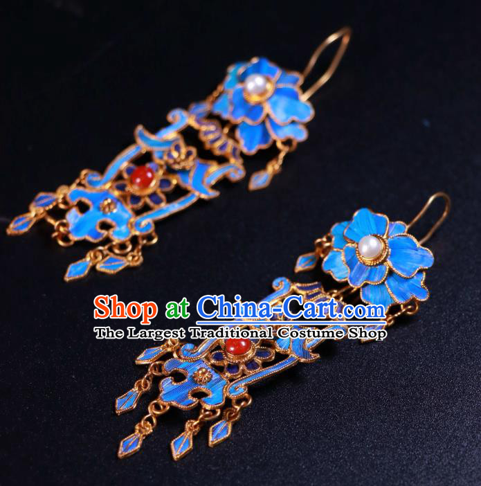 Chinese National Blueing Earrings Jewelry Ancient Qing Dynasty Imperial Consort Pearls Ear Accessories