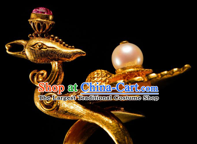 Handmade Chinese Qing Dynasty Golden Phoenix Ring Accessories Traditional Ancient Empress Ruby Circlet Jewelry