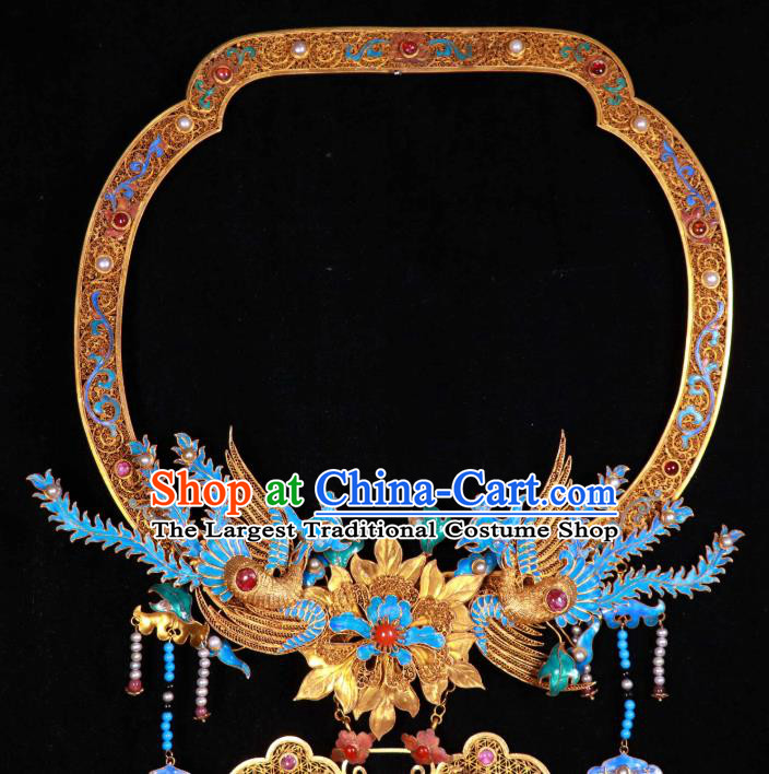 China Traditional Filigree Necklace Accessories Ancient Qing Dynasty Empress Cloisonne Phoenix Pearls Necklet Pendant