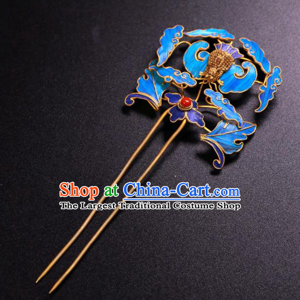 China Ancient Qing Dynasty Empress Blueing Bat Hairpin Traditional Handmade Coral Hair Stick