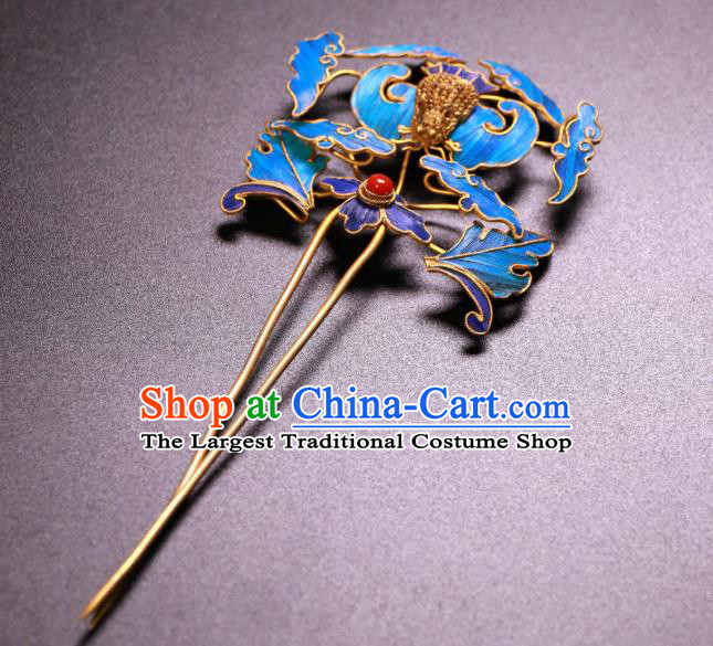 China Ancient Qing Dynasty Empress Blueing Bat Hairpin Traditional Handmade Coral Hair Stick