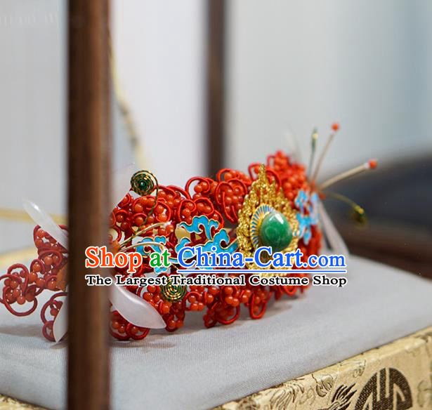 China Traditional Wedding Hair Jewelry Ming Dynasty Hairpin Ancient Empress Jade Red Hair Crown