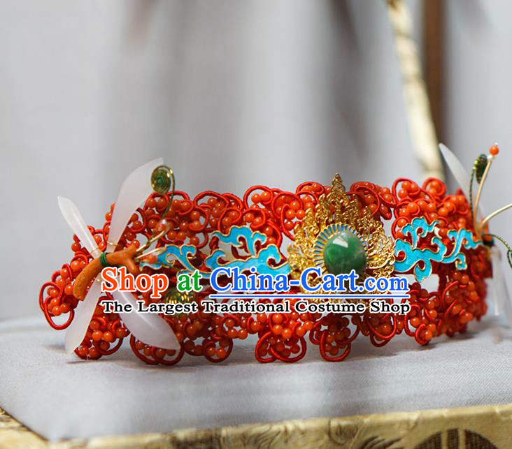 China Traditional Wedding Hair Jewelry Ming Dynasty Hairpin Ancient Empress Jade Red Hair Crown