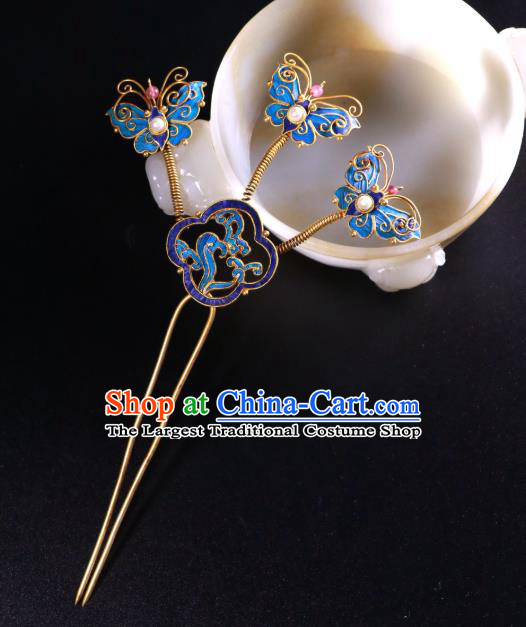 China Traditional Handmade Blueing Butterfly Hair Stick Ancient Qing Dynasty Court Empress Pearls Hairpin