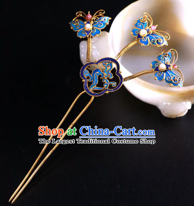 China Traditional Handmade Blueing Butterfly Hair Stick Ancient Qing Dynasty Court Empress Pearls Hairpin