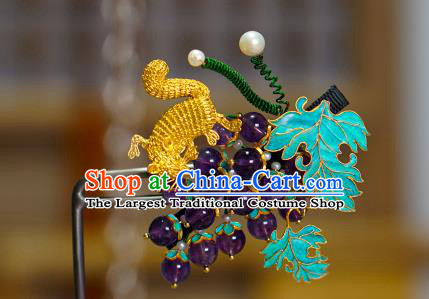 China Qing Dynasty Grape Hairpin Traditional Court Hair Jewelry Ancient Empress Amethyst Hair Stick