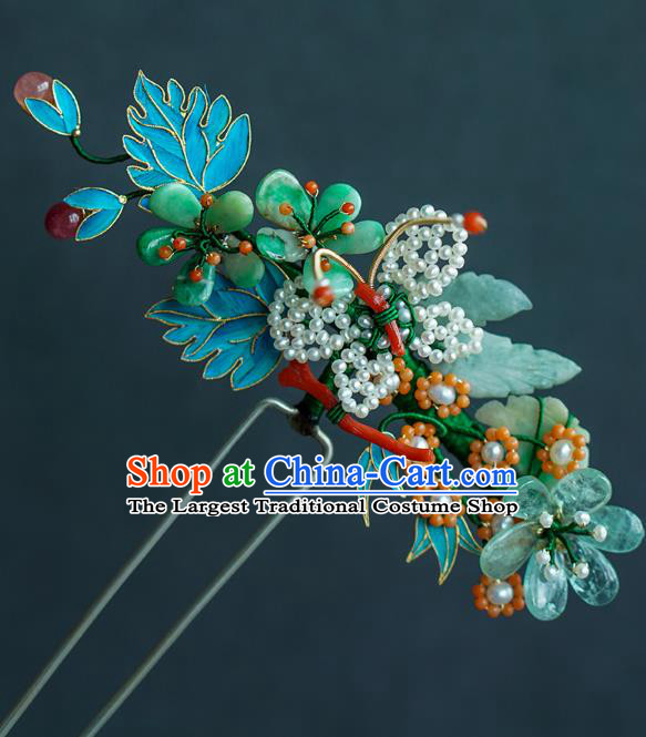 China Ancient Empress Jadeite Plum Blossom Hairpin Traditional Court Hair Jewelry Qing Dynasty Pearls Hair Stick
